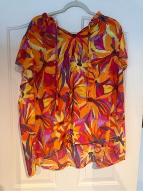Cynthia Rowley Vibrant Orange Pink Floral Sheer Blouse